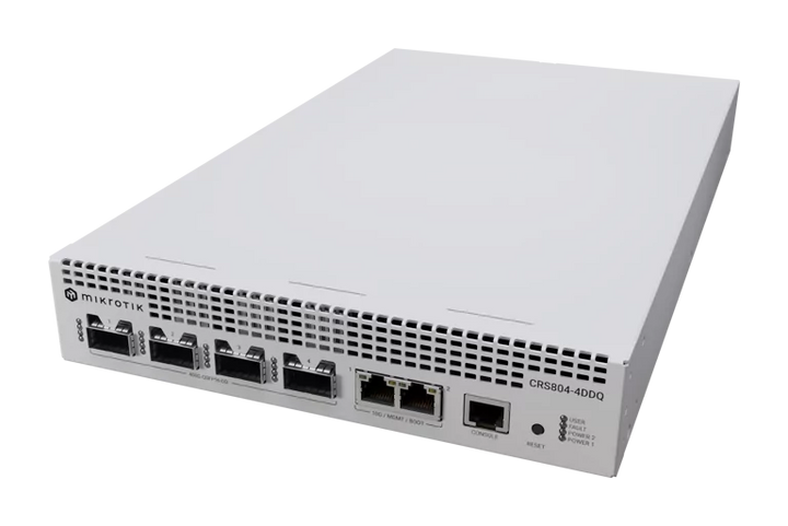 MikroTik CRS804 DDQ (CRS804-4DDQ-hRM) front angled view