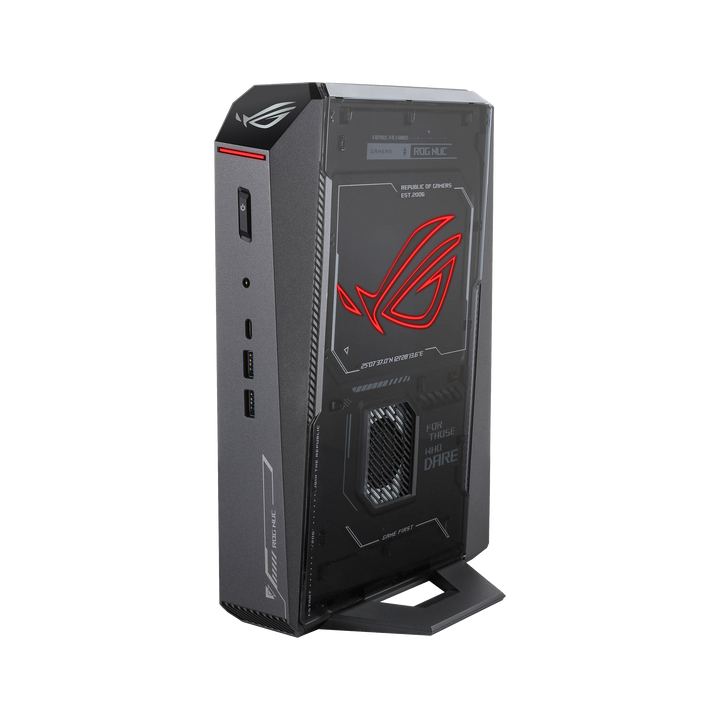 ASUS ROG NUC 15 left side with slash edge RGB lighting illuminated