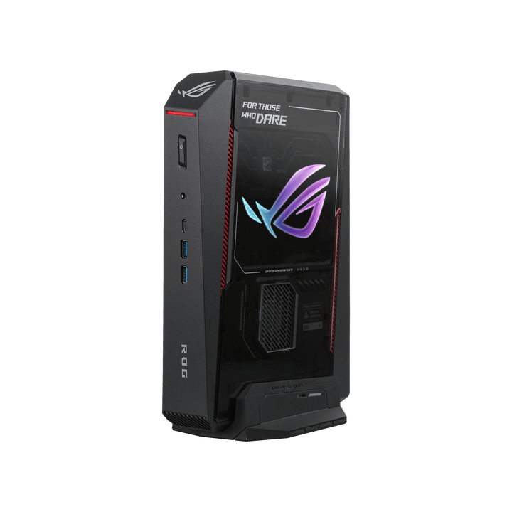 ASUS ROG NUC 16 mounted vertically on its removable stand