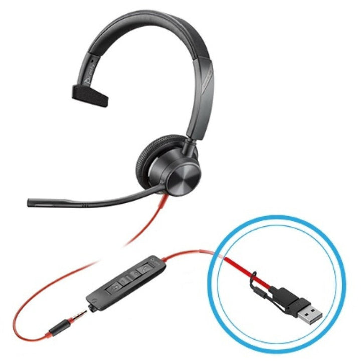 HP Poly Blackwire 3315 Monaural UC w/3.5mm, USB-C&A Headset