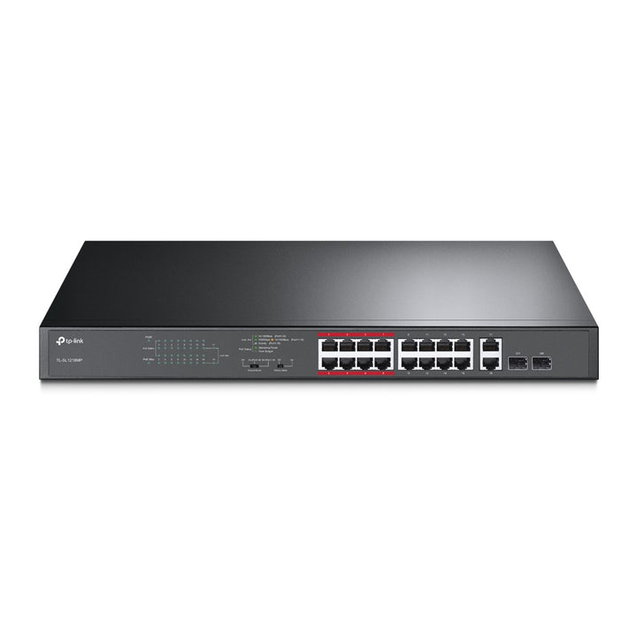 TP-Link TL-SL1218MP 16-Port 10/100Mbps unmanaged PoE switch front view