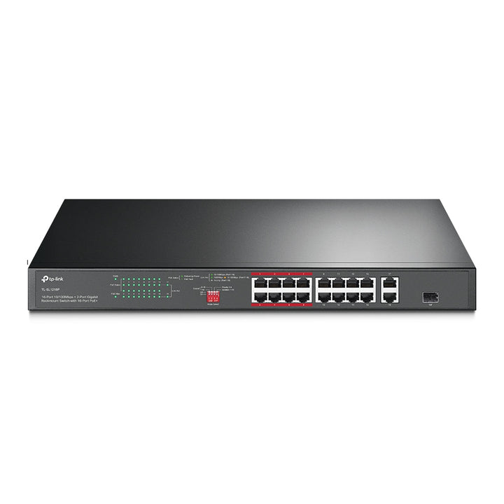 TP-Link TL-SL1218P 16-Port 10/100Mbps rackmount PoE+ switch front view
