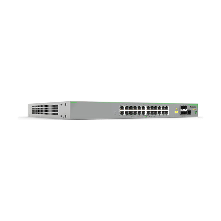 Allied Telesis FS980M/28PS 24-port Fast Ethernet PoE+ stackable switch, angled view