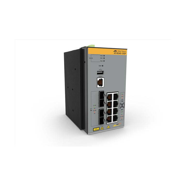 Allied Telesis IE340-12GP industrial Layer 3 PoE+ switch with 8 Gigabit ports and 4 SFP ports