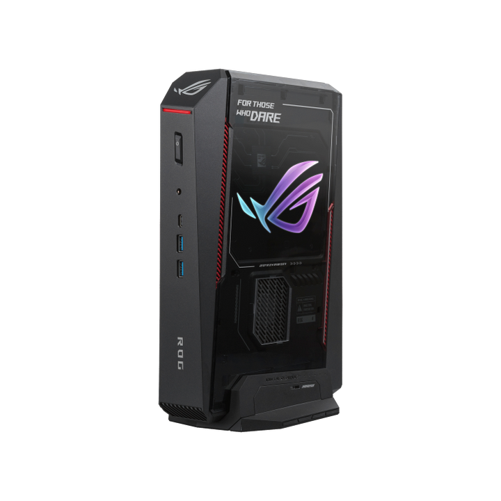 ASUS ROG NUC 16 mini PC on its stand with lighting on - standard ROG NUC 16 reference image; the Phantom Blade Zero edition finish differs
