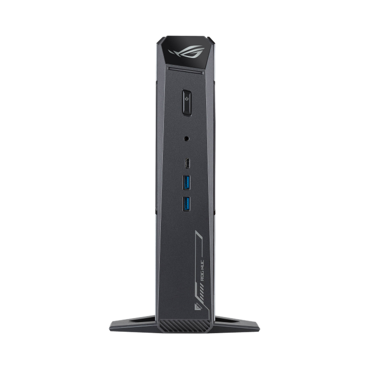 ASUS ROG NUC (2025) RNUC15JNK9X489A0 mini PC with Intel Core Ultra 9 275HX and GeForce RTX 5070, front view on its base