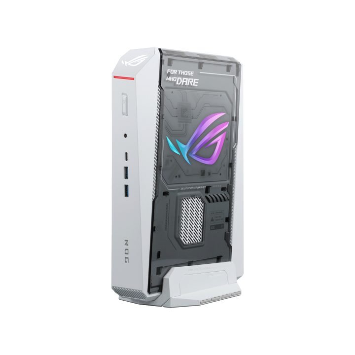 ASUS ROG NUC 16 RNUC16JNK9X289A3 Moonlight White mini PC with Intel Core Ultra 9 290HX Plus and GeForce RTX 5080, on its stand with lighting on