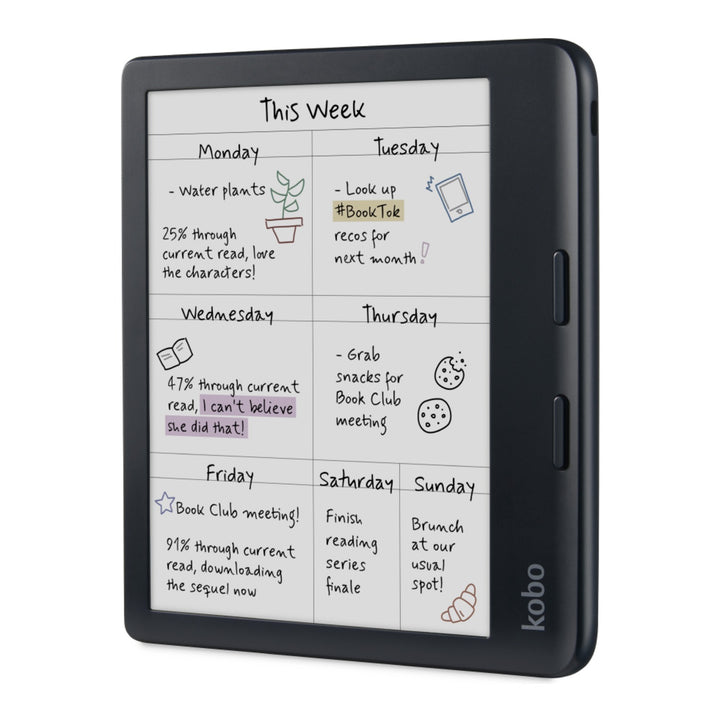 Kobo Libra Colour black e-reader — angled front view