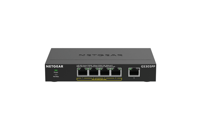 NETGEAR 5 - Port Gigabit Ethernet Unmanaged PoE+ Switch (GS305PP - 100UKS) - SourceIT