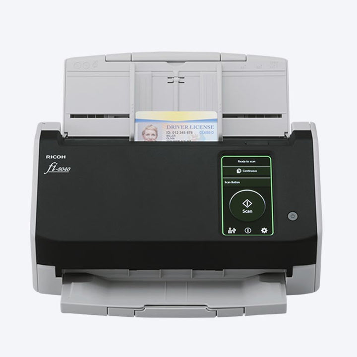 Ricoh fi-8040 A4 duplex document scanner scanning an ID card, front view