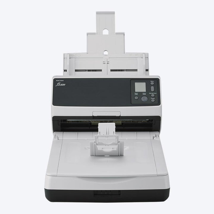 Ricoh fi-8290 A4 duplex scanner with flatbed, front view with trays open
