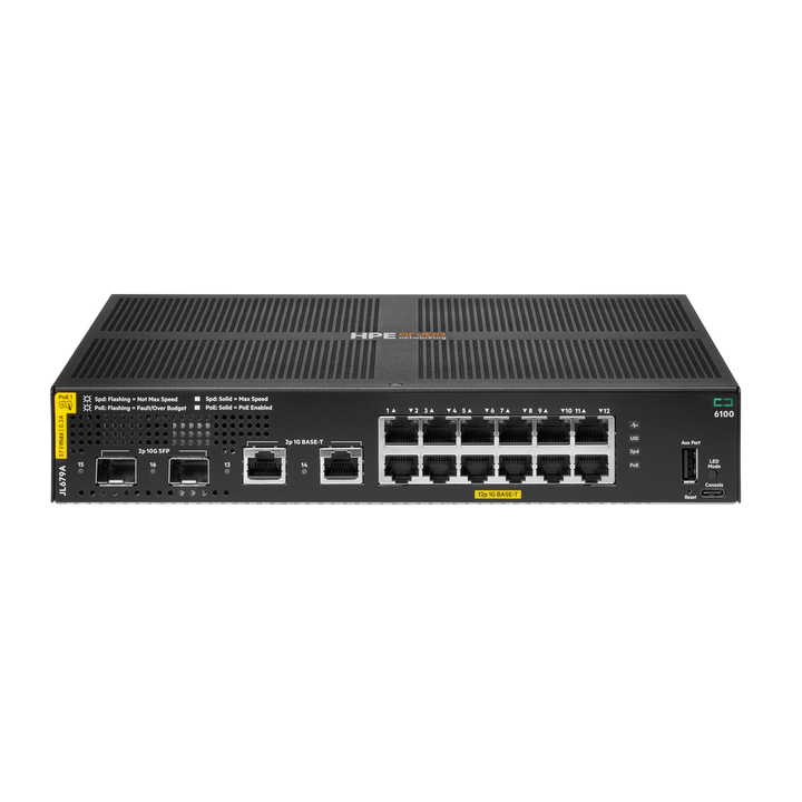 HPE Aruba Networking CX 6100 12-Port Gigabit PoE+ Managed Switch with 2 SFP+, 139W, Fanless