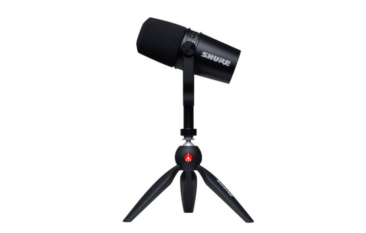 Shure MV7 Dynamic Podcasting Microphone, XLR/USB Output, With Mini Tripod Stand Black (MV7-K-BNDL) - SourceIT