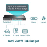 TP-Link TL-SL1226P rackmount PoE+ switch angled view