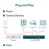 TP-Link TL-SF1009P desktop PoE+ switch deployment view