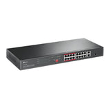 TP-Link TL-SL1218P rackmount PoE+ switch angled view