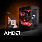 AMD Ryzen 7 X3D processor box with an AMD-powered gaming PC