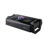 ASUS ROG NUC 16 RNUC16JNK9X389A3 Obsidian Black lying flat, top-left view with lighting on