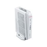 ASUS ROG NUC 16 RNUC16JNK9X289A3 Moonlight White on its stand, high right-side view with lighting on