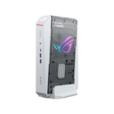 ASUS ROG NUC 16 RNUC16JNK9X289A3 Moonlight White mini PC with Intel Core Ultra 9 290HX Plus and GeForce RTX 5080, on its stand with lighting on