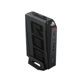 ASUS ROG NUC 16 on its removable stand, high right-side view - standard ROG NUC 16 reference image