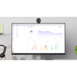 Logitech Sync room health dashboard showing CO2, particulate matter and TVOC readings from Spot