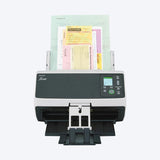 Ricoh fi-8190 scanner loaded with a mixed batch, colour LCD panel