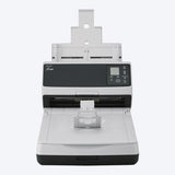 Ricoh fi-8290 A4 duplex scanner with flatbed, front view with trays open