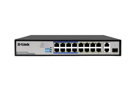 DLINK 250M 16-Port 10/100 150WPoE Switch + 1 Uplink Gigabit Port (DES-F1018P-E) - SourceIT
