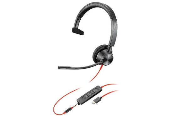 Poly Blackwire 3315 Monaural MS Certified USB-C Headset with 3.5mm plug, USB-C and A Adapter (8X218AA) - SourceIT
